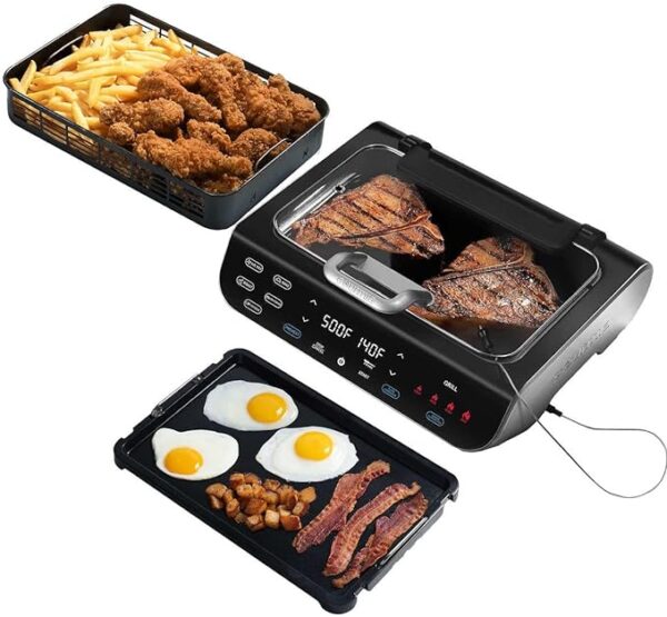 FoodStation - Parrilla sin humo, plancha y freidora de aire con tecnología de extracción de humo, 6 funciones de cocción de un solo toque, superficie de cocción antiadherente extragrande y sonda de - Image 2