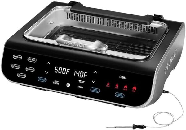 FoodStation - Parrilla sin humo, plancha y freidora de aire con tecnología de extracción de humo, 6 funciones de cocción de un solo toque, superficie de cocción antiadherente extragrande y sonda de